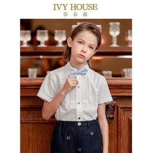 HOUSE常春藤儿童装 短袖 男童衬衫 款 白衬衣风琴褶百搭学院 夏季 IVY
