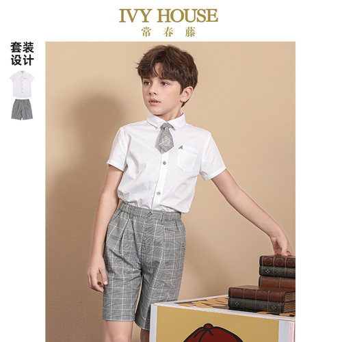 IVY HOUSE常春藤儿童装男小童套装夏季款 基础平织衬衫短袖五分裤