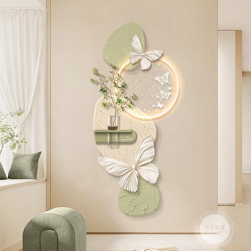 水培绿植入户玄关装饰画奶油风花卉蝴蝶走廊过道挂画立体砂岩壁画图片