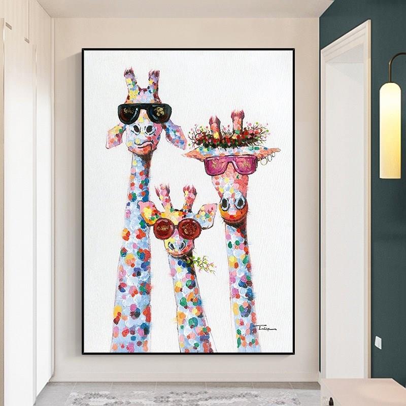 大芬村手绘油画现代简约长颈鹿儿童房书房挂画轻奢客厅玄关装饰画图片