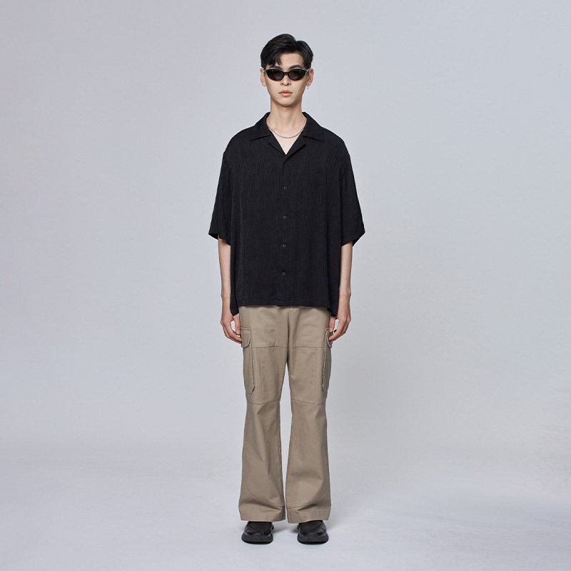 TCSP机能户外亚麻衬衫男短袖衬衣宽松男装夏季棉麻纯色简约上衣