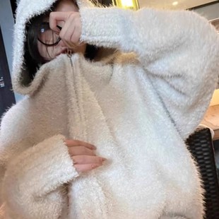 毛茸h茸连帽针织开衫 秋冬新款 女宽松慵懒风显瘦拉链毛衣外套加厚