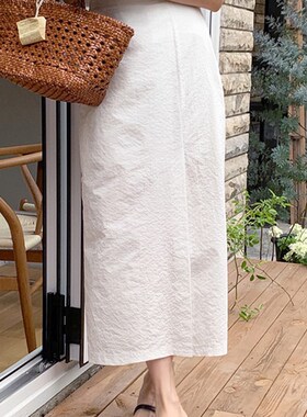 白色直筒b半身裙子日系宽松一步裙女夏宽松包裙高腰中长款开叉半