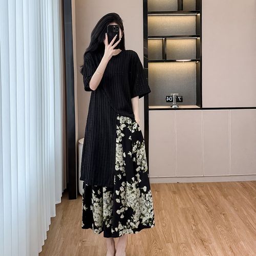 胖MM镂空开叉长款短袖上衣阔腿裙裤两件套女2025夏季新款休闲套装