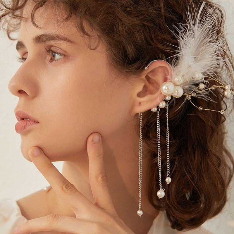 小众设计款d羽毛单只装耳环人造珍珠流苏耳坠个性天鹅网红耳饰