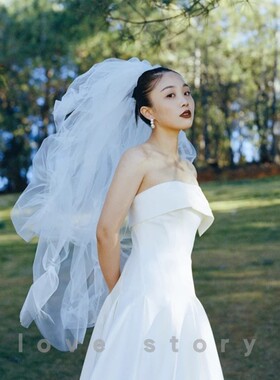 2022新款蓬蓬抓泡云朵t头纱短款白色婚纱礼服摄影拍照旅拍造型头