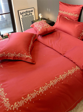 2023年简约刺绣新款婚庆床上用品简约大红色100Y支全棉多件套