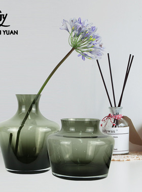 现代简约墨绿色玻璃花瓶创意透明客厅样板间装饰花器工艺品摆件