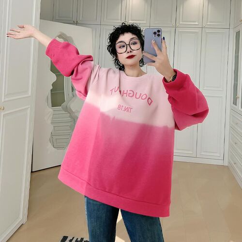 大码女装设计感渐变套头加绒卫衣200斤胖mm慵懒S宽松遮肉显瘦上衣