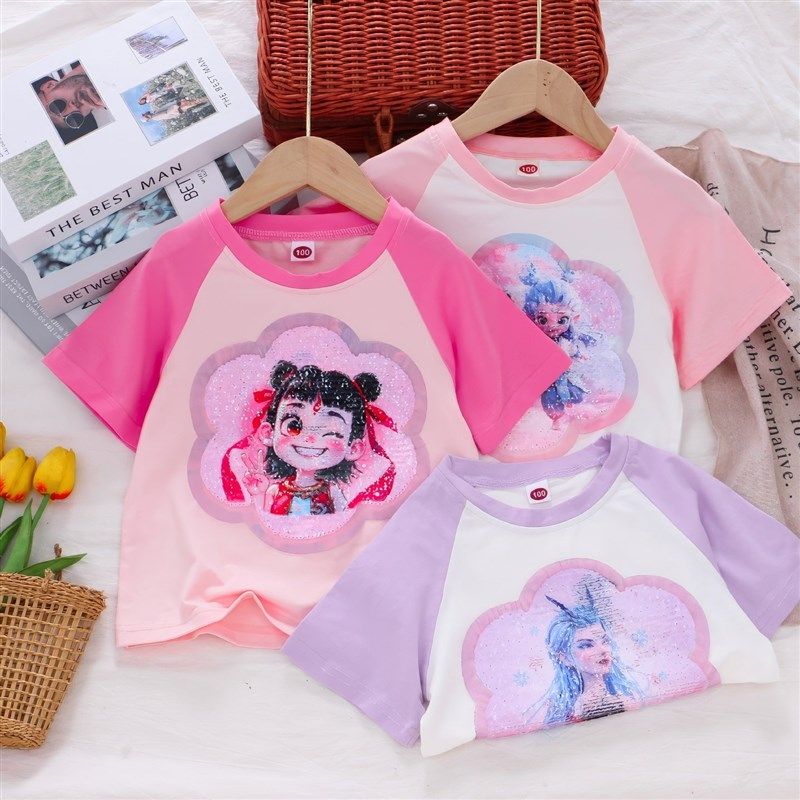 女童短袖T恤亮片双面变色图案拼接袖时尚小女孩哪吒敖润上衣洋气,童装/婴儿装/亲子装,T恤,淘宝优惠券,粉丝福利购,淘宝优惠卷