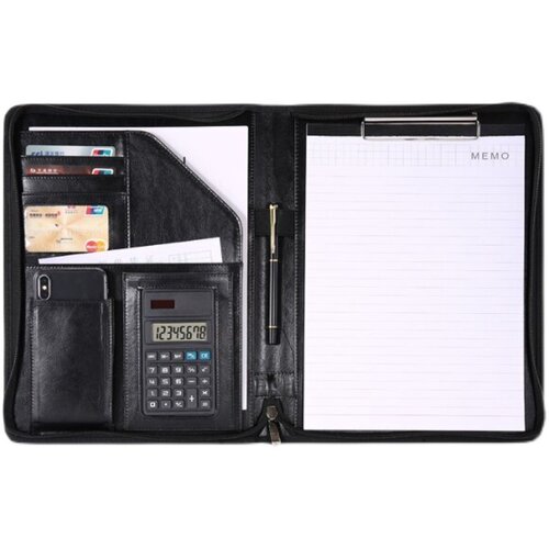 A4商务多功能拉链包皮质资料册销讲谈单本带计算器文件夹定制logo