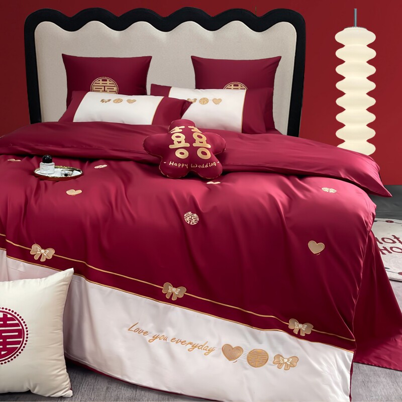 新婚庆100支纯棉床单四件套酒红色系结婚女方陪嫁喜被高.级感套件
