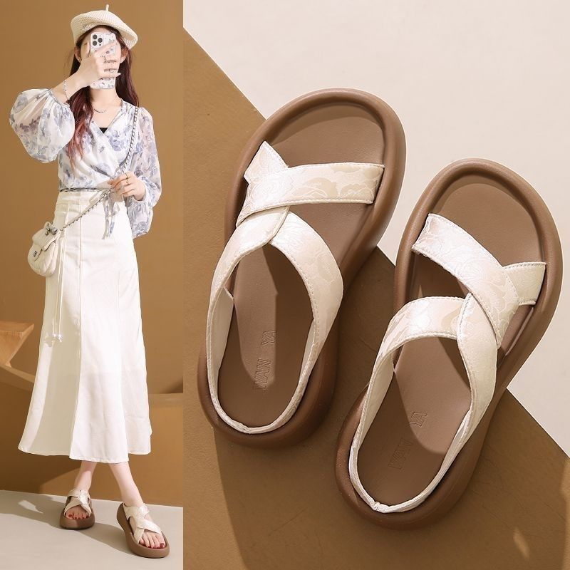 女士夏季外穿厚底休闲 一字凉拖鞋网红时尚百搭软底露趾交叉,女鞋,一字拖,淘宝优惠券,粉丝福利购,淘宝优惠卷