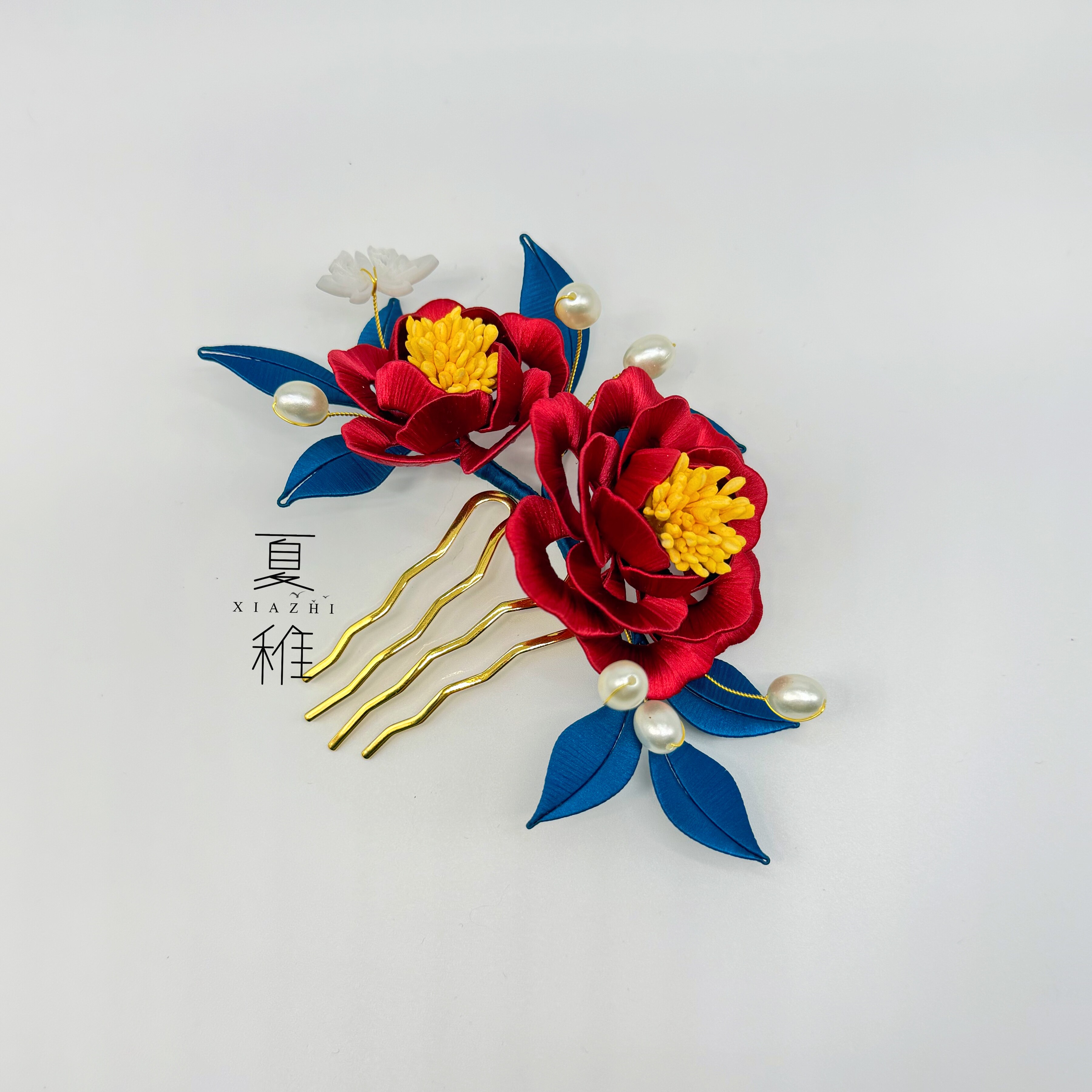 原创非遗缠花发梳成品汉服发饰古风配饰婚嫁红色牡丹手工材料包