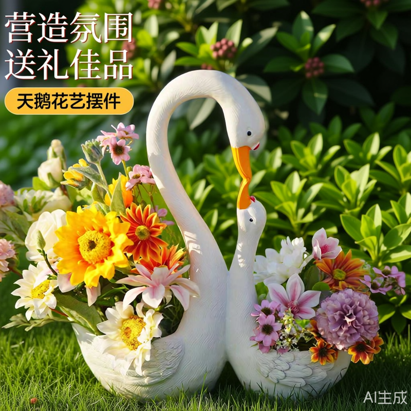 户外庭院造景布置白天鹅造型花盆幼儿园卡通动物花缸花园装饰摆件