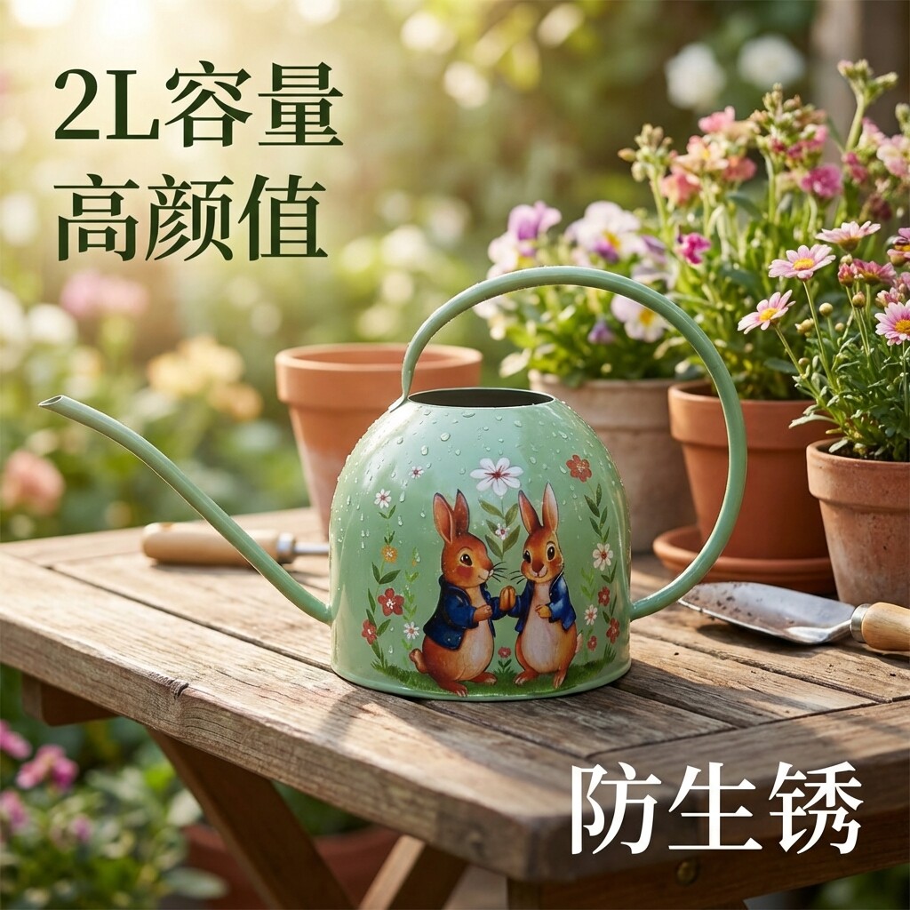 长嘴浇花水壶庭院闲情复古铁艺洒水壶2L长嘴防锈慢浇时光