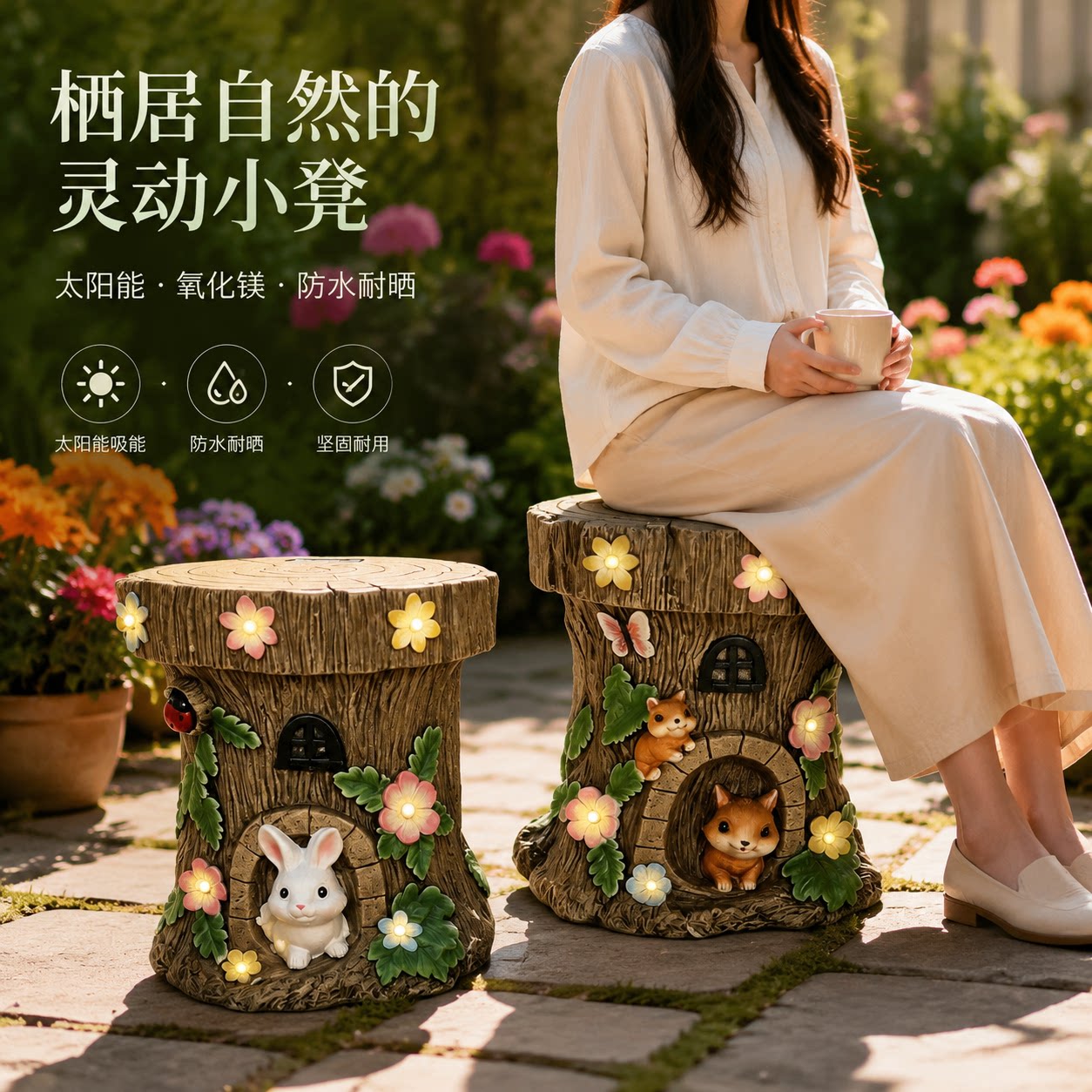 太阳能庭院兔子凳松鼠创意树桩凳欧式室外花园庭院装饰布置摆件