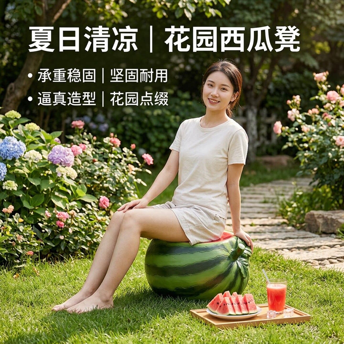 创意仿西瓜造型户外庭院凳图片
