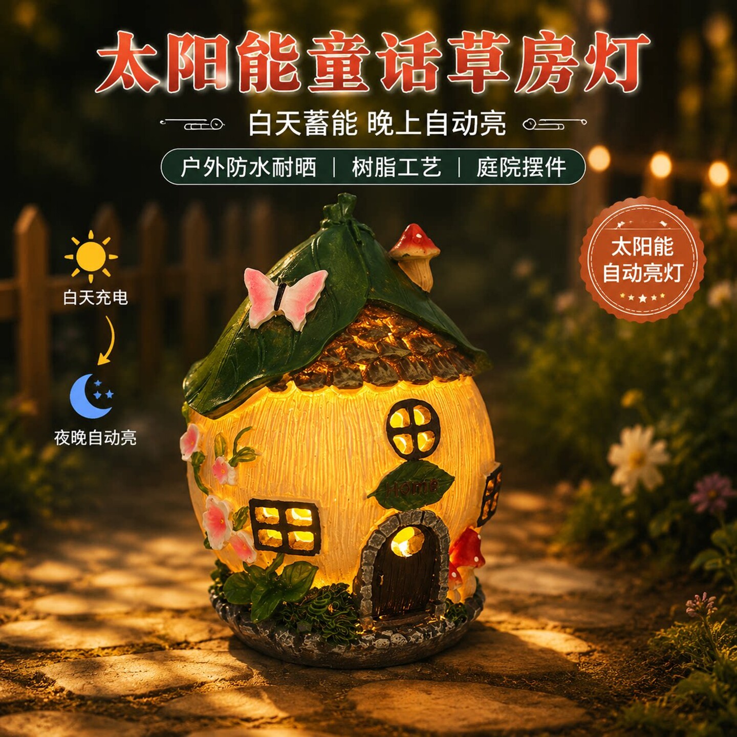新款树叶屋顶发光小屋摆件树脂手工童话小房子庭院太阳能夜灯装饰