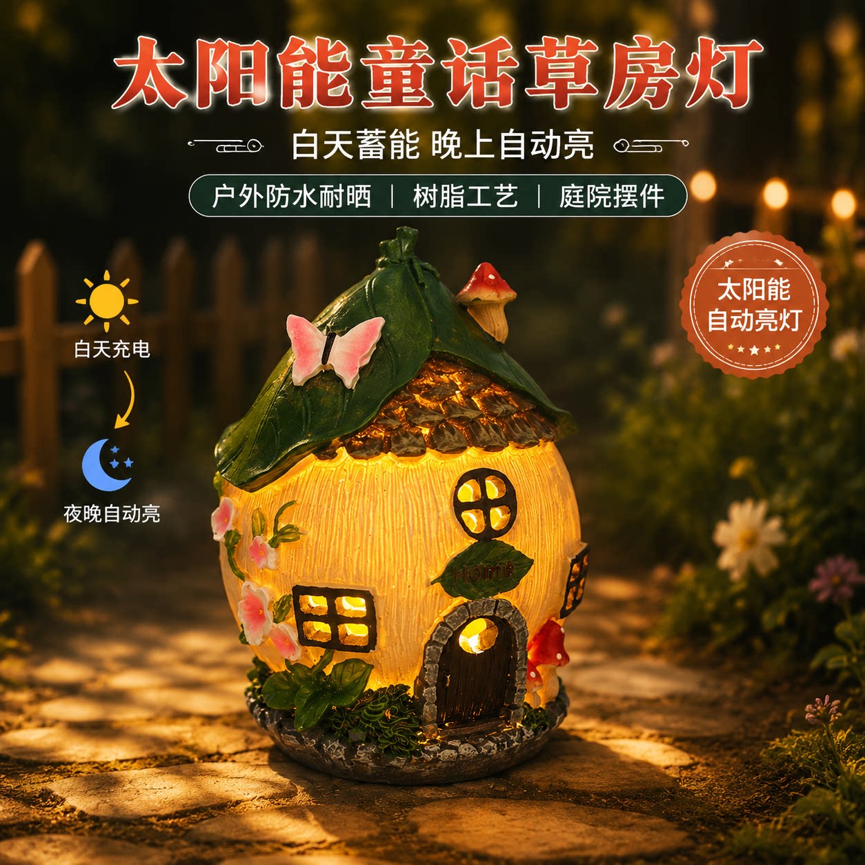 庭院太阳能发光树脂小屋摆件