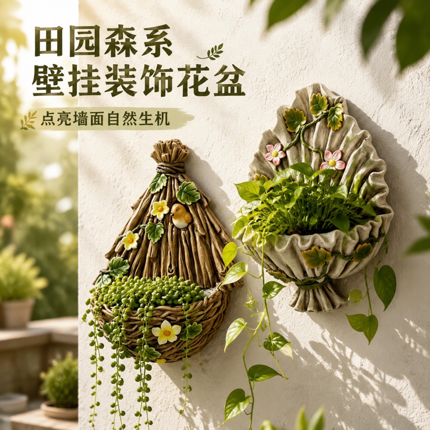 户外摆件挂壁花盆创意鸟巢花束壁挂花器阳台花园庭院墙面装饰摆件