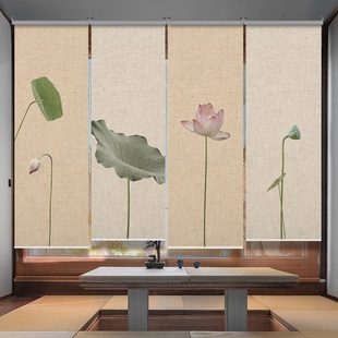 禅意隔断茶室遮光亚麻书房升降新中式 式 电动窗帘遮阳软卷帘日式