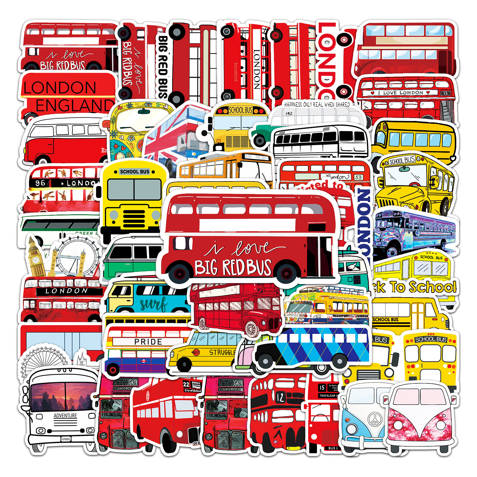50张大巴车卡通贴画双层巴士儿童玩具装饰防水女孩手账本素材贴纸