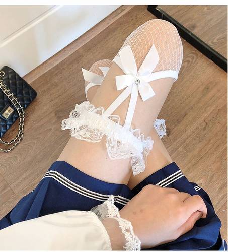 黑色蕾丝吊带蝴蝶结镂空丝袜情趣女夏潮性感渔网袜过膝薄款长筒袜