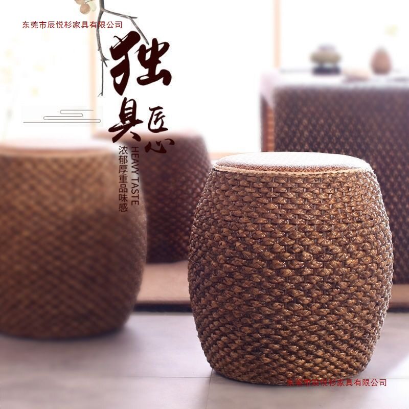 沙发茶几凳子家用客厅实木小板凳藤编矮凳创意圆凳手工草编坐墩棉