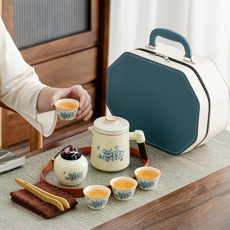 汝窑新中式茶具陶瓷家用客厅办公室牡丹茶壶轻奢礼品公司年会批发