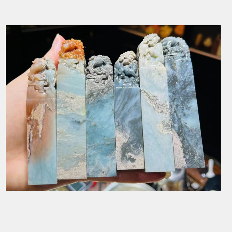 水墨天青蓝龙钮雕章2*2.2高9-12水墨画印章一组5方书画章寿山石