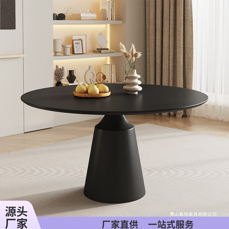 岩板圆形餐桌家用小户型极简纯黑圆桌带转盘纯白饭桌恰谈桌桌