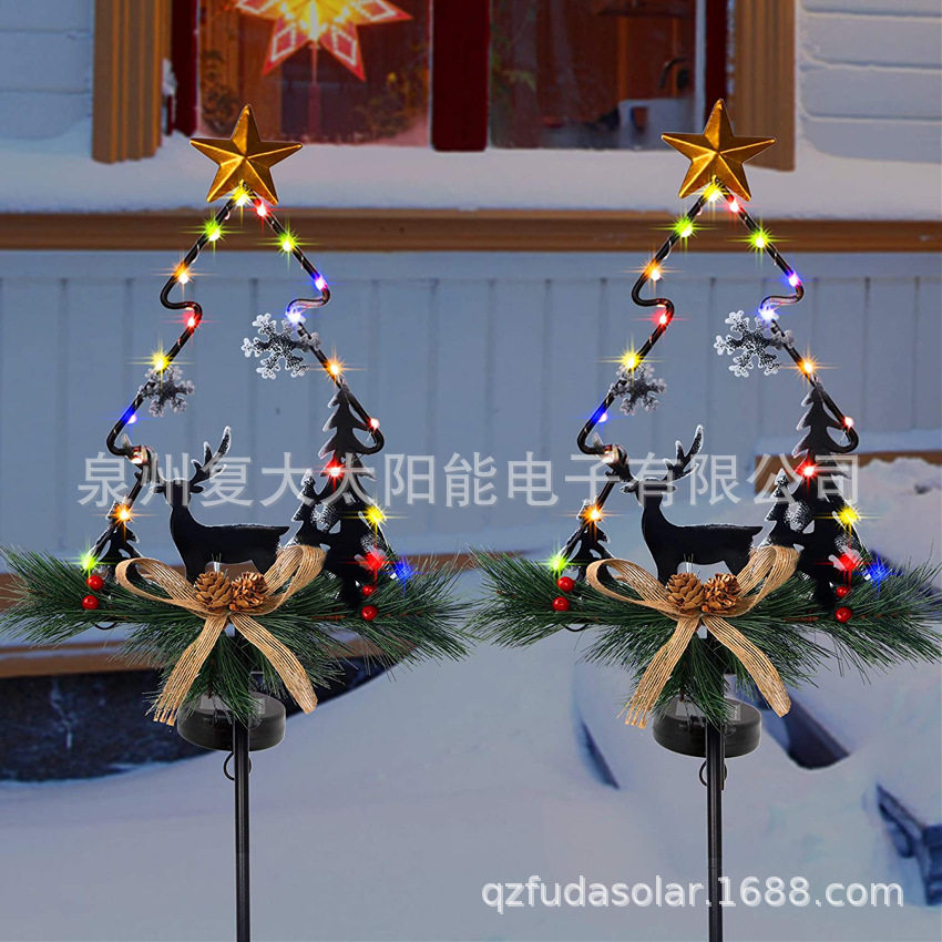 太阳能铁艺圣诞树 LED圣诞羚羊金属插枝花园庭院草地装饰灯带光控