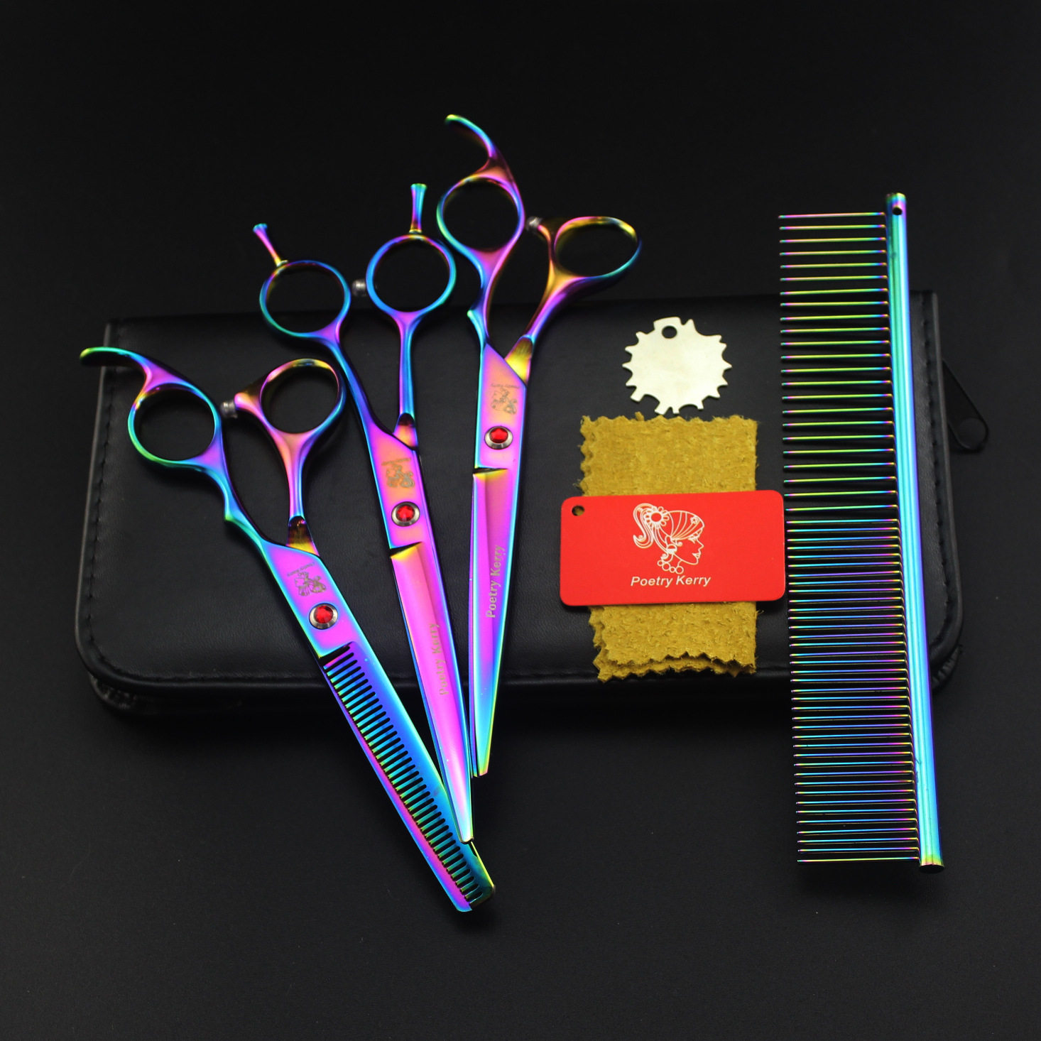 7.0寸彩色电镀3把装宠物美容剪刀直剪套装送排梳密齿牙