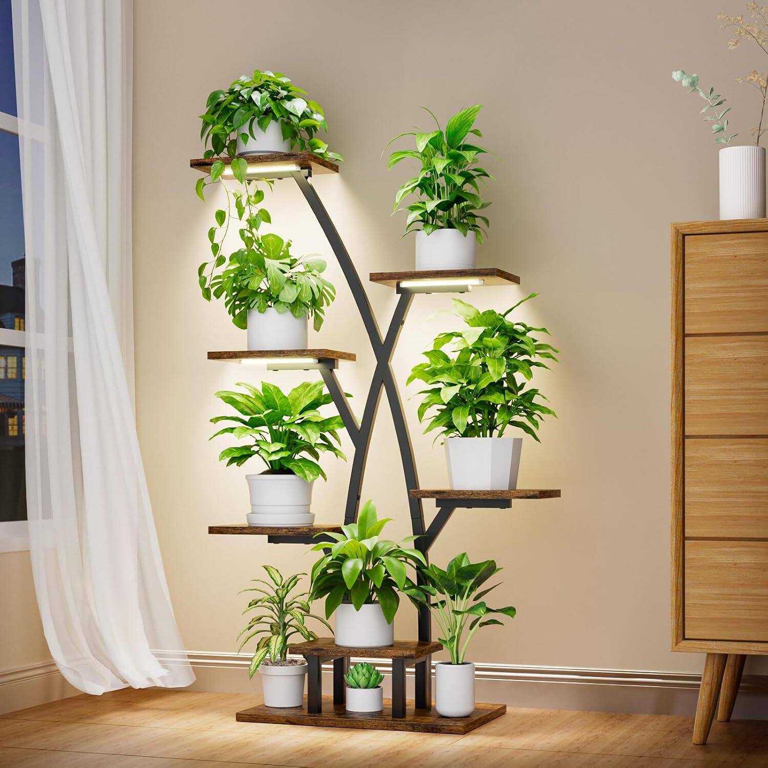 跨境金属植物架室内角落植物支架铁木结合创意多层花盆支架