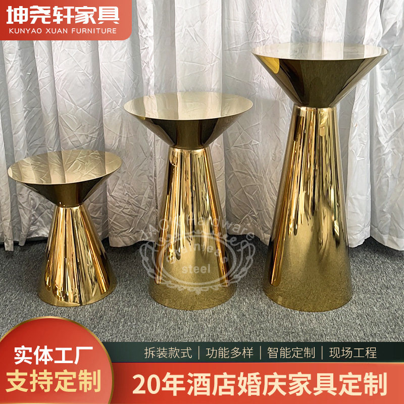 新款茶几婚庆道具铁艺圆柱甜品台生日派对用品金色电镀蛋糕摆件