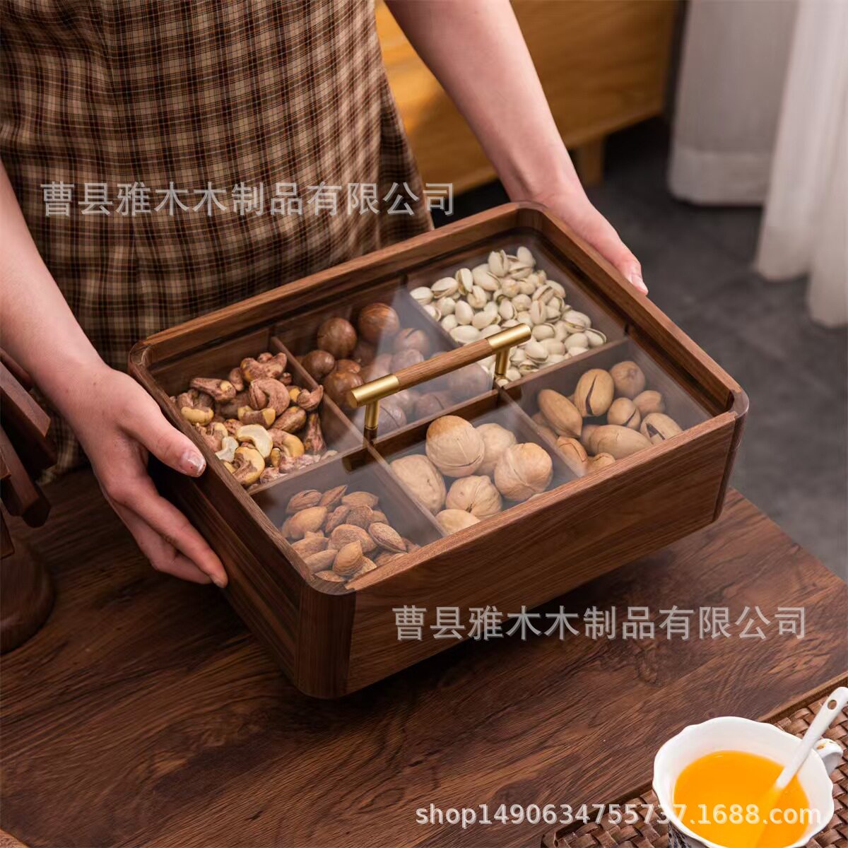 实木干果盒多格分类带盖收纳零食盒子客厅家用轻奢黑胡桃木干果盒