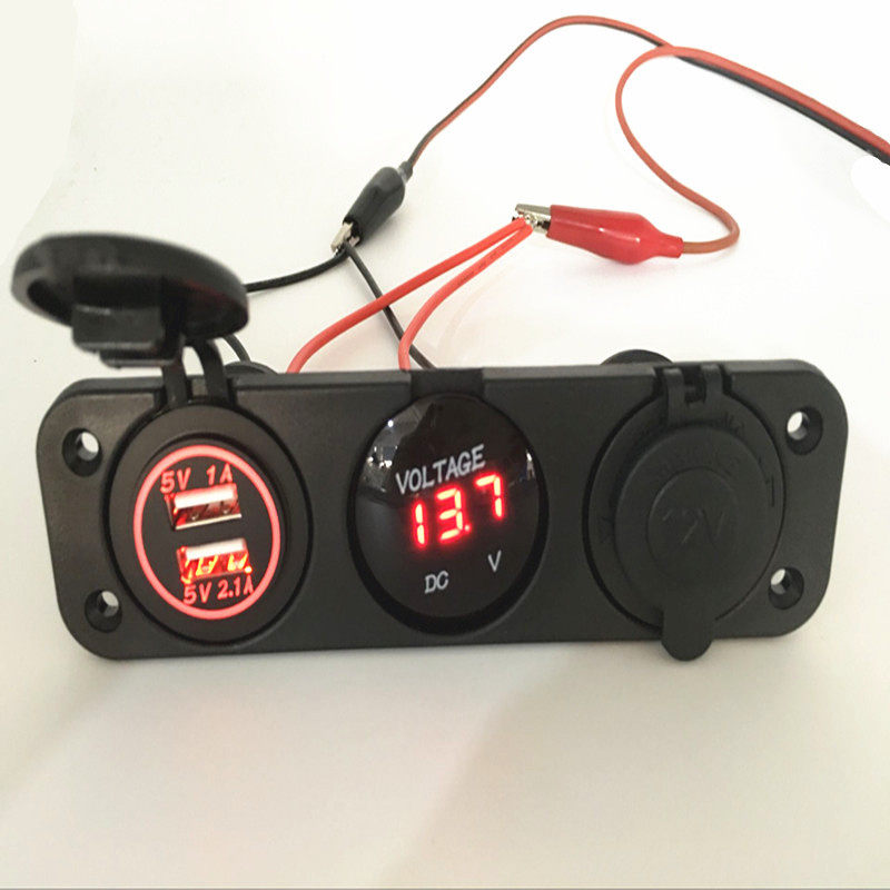 12-24V车载改装新款3.1A USB车充+数显电压表+点烟器电源母座