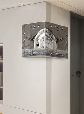 免打孔双面挂钟ledp创意转角时钟壁灯轻奢客厅发光拐角钟阳角钟表