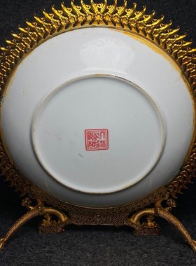 古玩旧藏陶瓷装饰盘m子大号摆件凤图鎏金中式家居客厅玄关摆盘瓷