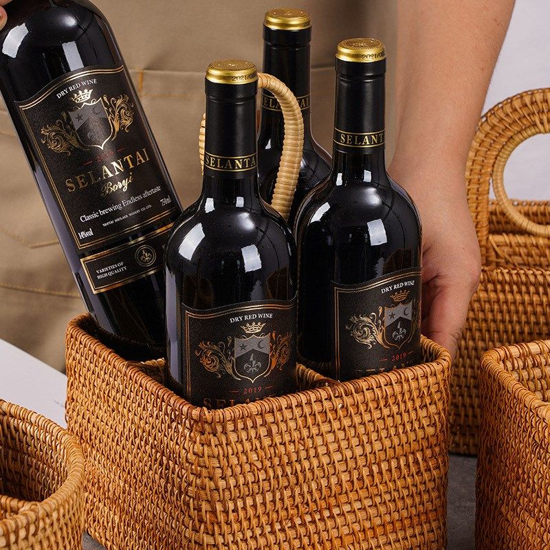 越南编织b藤编草编分隔收纳红酒收纳水果盘果篮圆形提手创意收纳