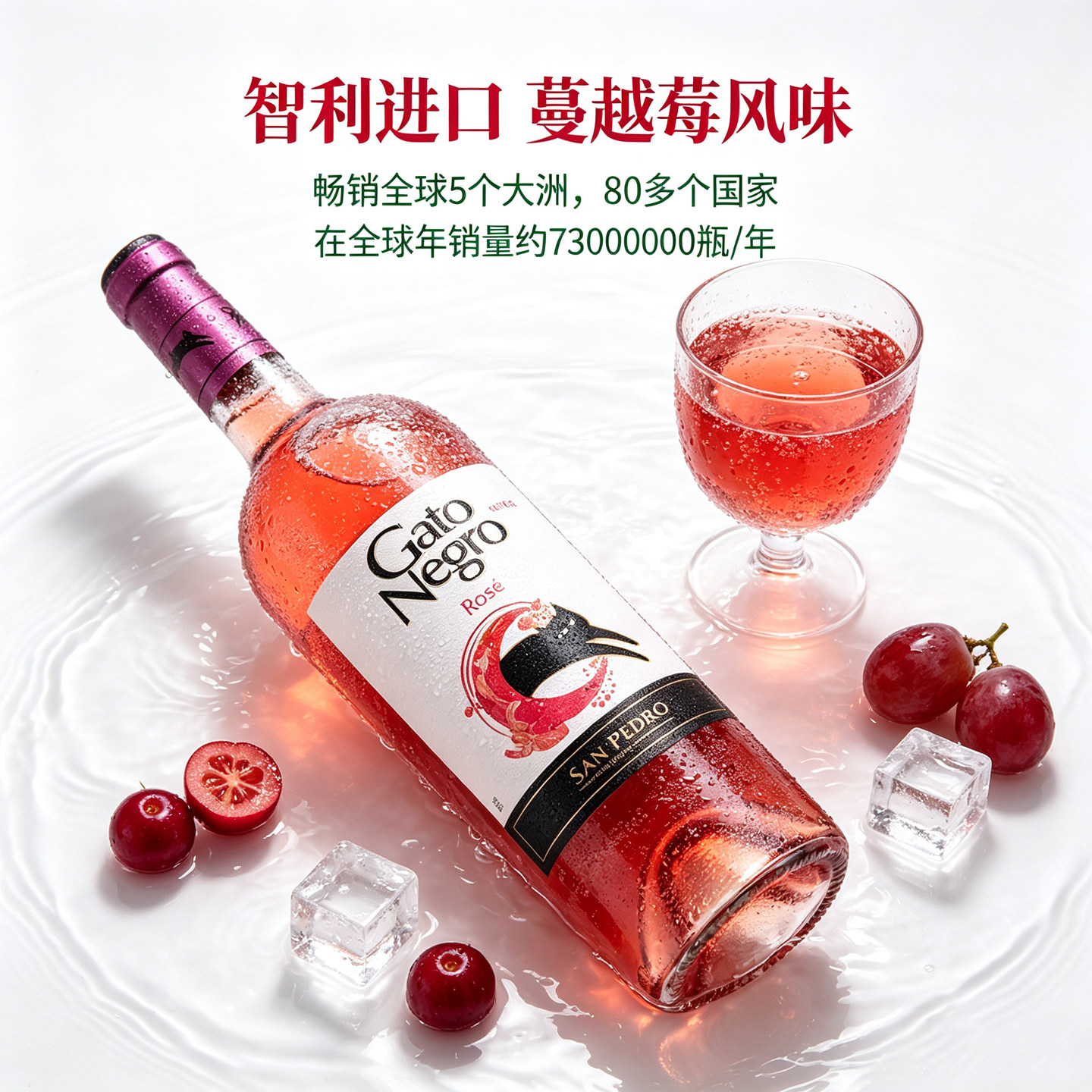 智利进口黑猫桃红葡萄酒网红男女士13度微醺酒新手不涩蔓越莓香