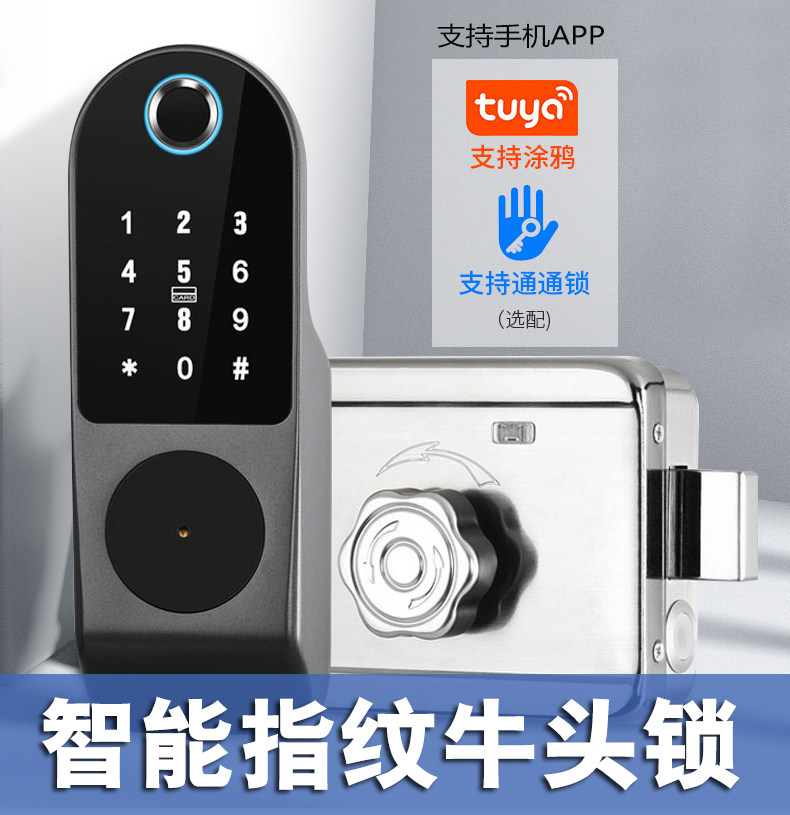 铁门不锈钢门智能锁老式牛头指纹锁室内密码刷卡电子门锁远程家用