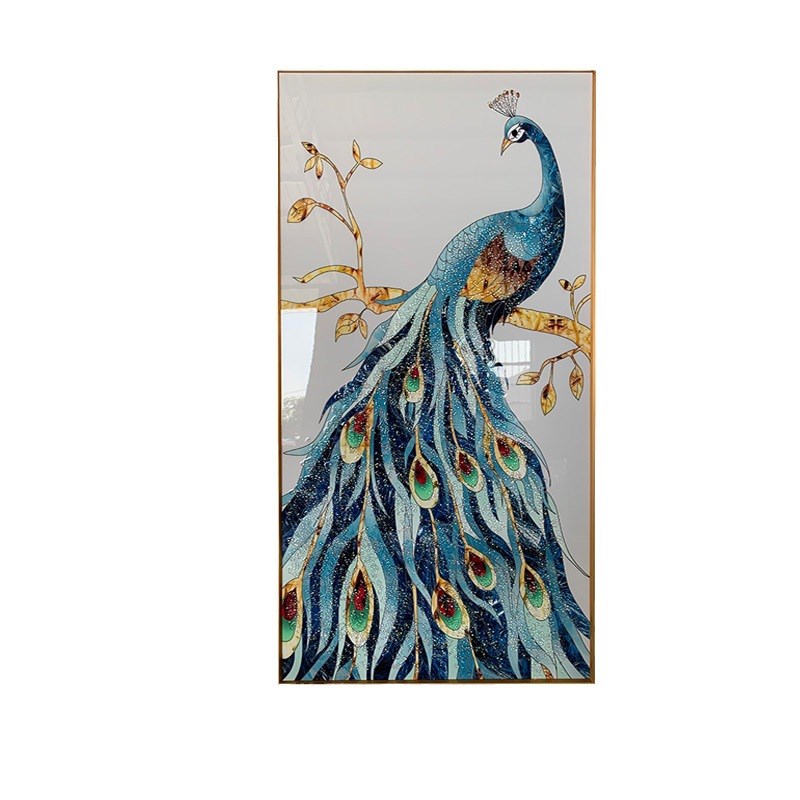 北欧轻奢入户玄关装饰画走廊过道壁画现代简N约孔雀图案晶瓷画竖图片