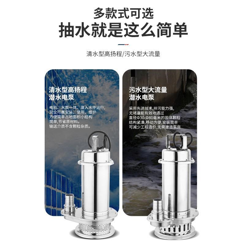 不锈钢潜水泵家用高扬程2s20v抽水泵耐腐蚀工业农用灌溉304污水泵