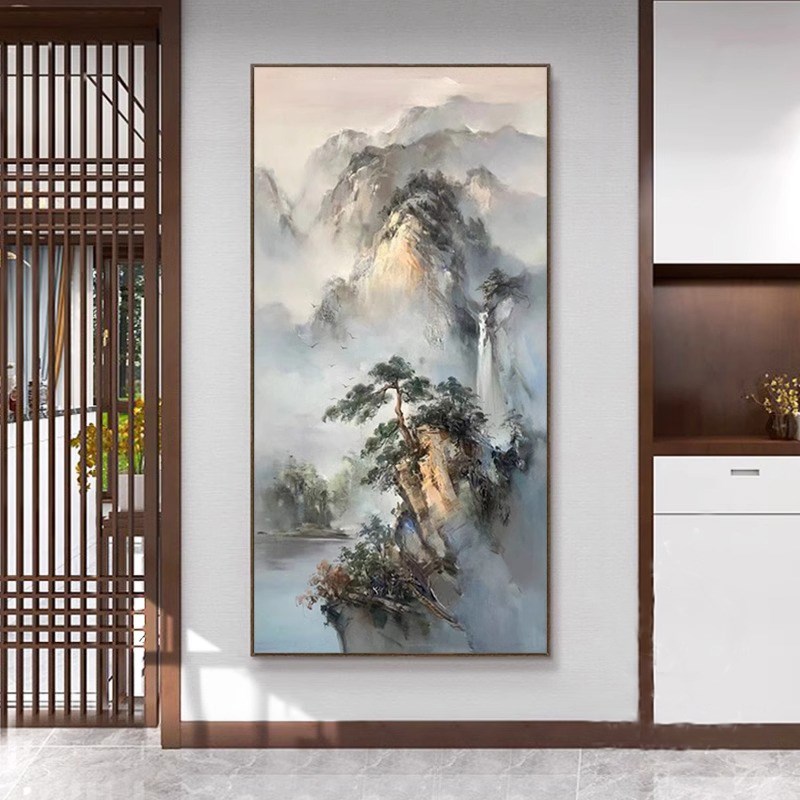 迎客松纯手绘油画客厅装饰画新中式山水松树风景丙烯X肌理玄关挂图片