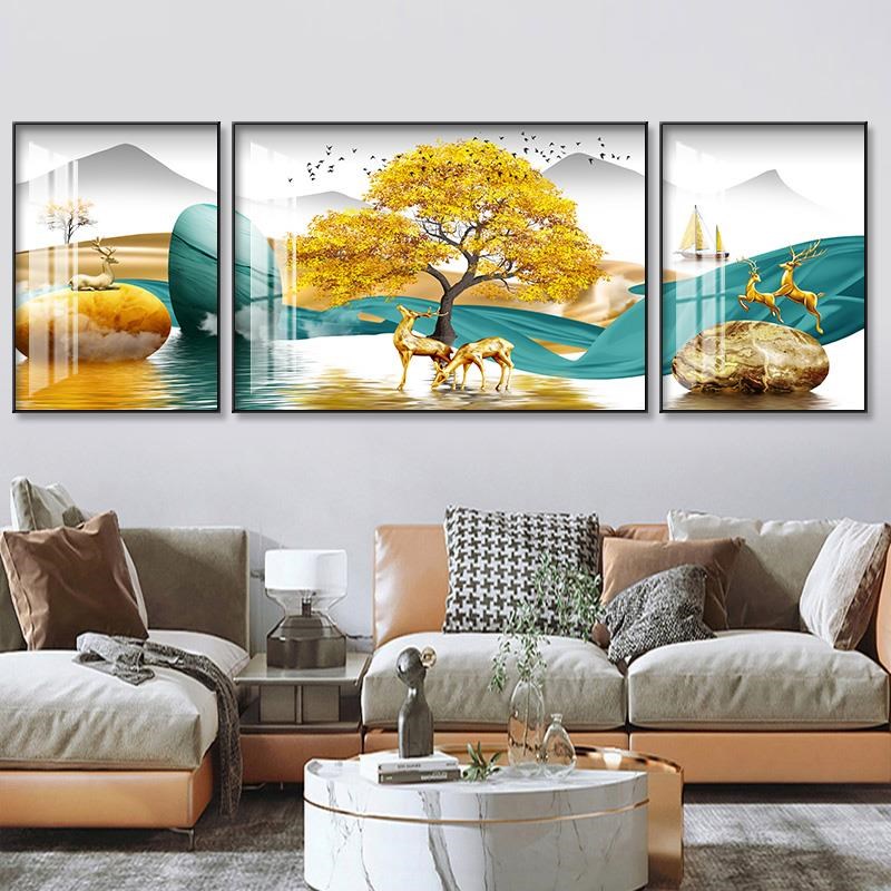 福鹿平安新中式客厅装饰画三联画沙发背景墙现代简.约轻奢挂画图片