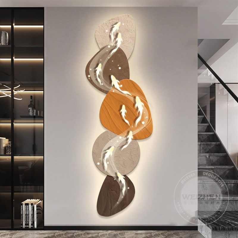 led带灯e九鱼图轻奢入户玄关装饰画竖版走廊过道简约现代挂画壁画,家居饰品,现代装饰画,淘宝优惠券,粉丝福利购,淘宝优惠卷