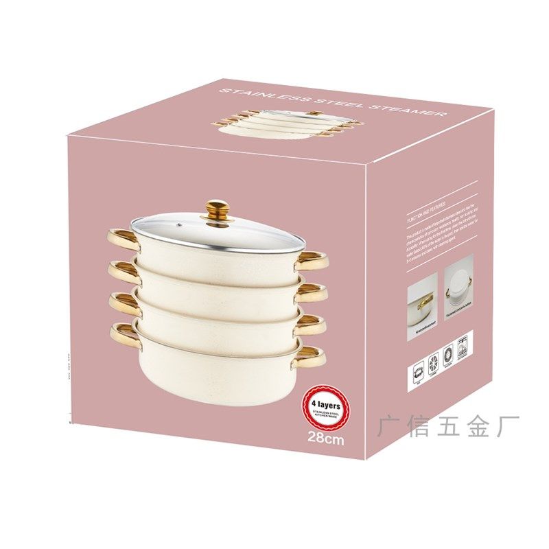 厂家直销跨境货j源加厚复合底不锈钢蒸锅多层金柄喷漆 出中东哈萨
