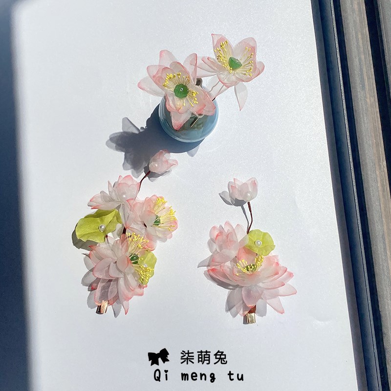 现货速发真丝烫花软簪儿童古风汉服荷花头饰绢纱簪花发夹套装古装